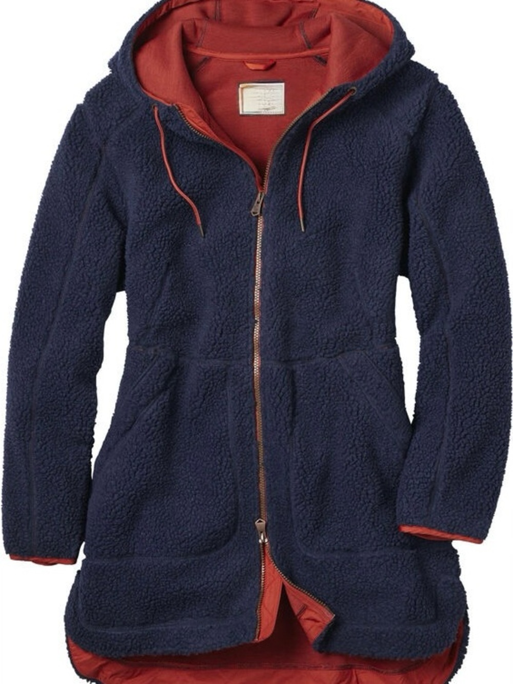 L.L. Bean Mountain Pile Fleece Coat - Navy Sherpa Hooded Jacket with Rust Lining